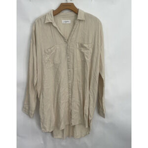 Carly Jean Women L Linen Blend Long Sleeve Top Button Up Tunic Beige Classic NEW